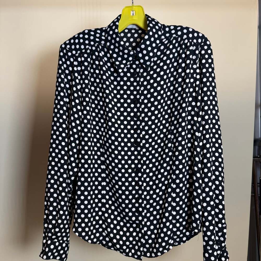 VTG Preston & York Polka DotButton-Up Blouse - Black & White, Size Medium
